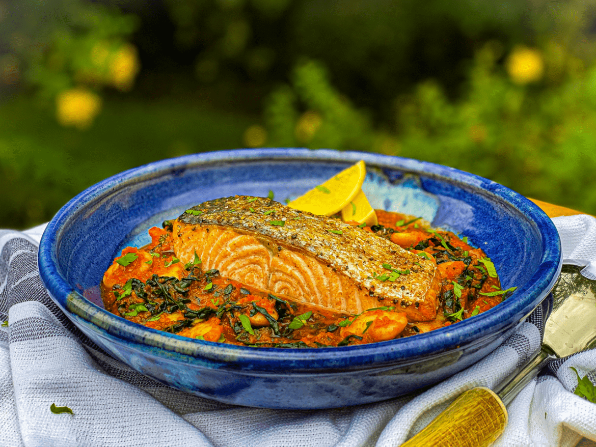 Crispy Skin Salmon With Smokey Tomato Sauce, Cavolo Nero & Butterbeans