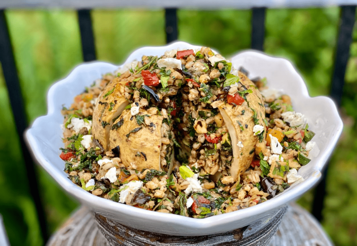 Jewelled Spelt Salad inside a whole Roasted Celariac