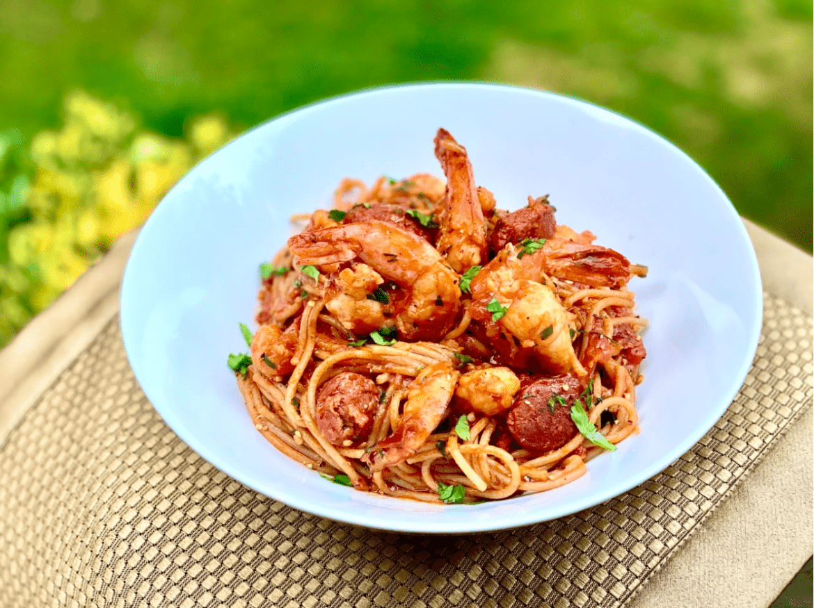 Spaghetti in Garlicky Tomato Sauce with Chorizo and Prawns