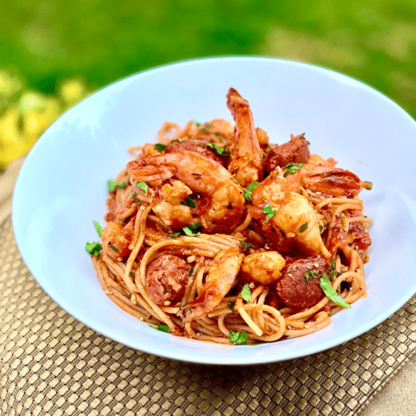 Spaghetti in Garlicky Tomato Sauce with Chorizo and Prawns