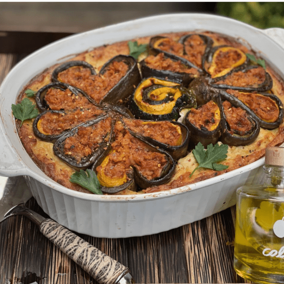 Moussaka with a Lentil Ragu and Aubergine Flower