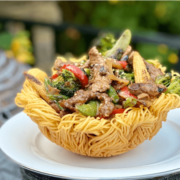 Beef with Black Bean Sauce in a Crispy Noodle Basket