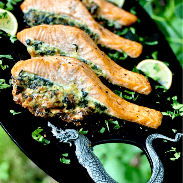 Roasted Salmon Stuffed with Cheesy Spinach and Leeks