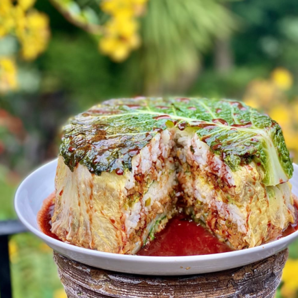 Oriental Layered Cabbage Cake With Stir Fried Smoked Tofu and Vegetable Rice