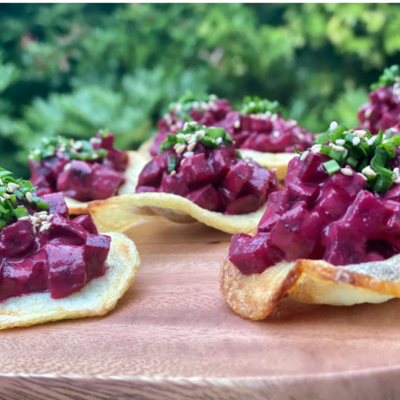 Miso Tahini Beetroot Bites On Crisp Potatoes