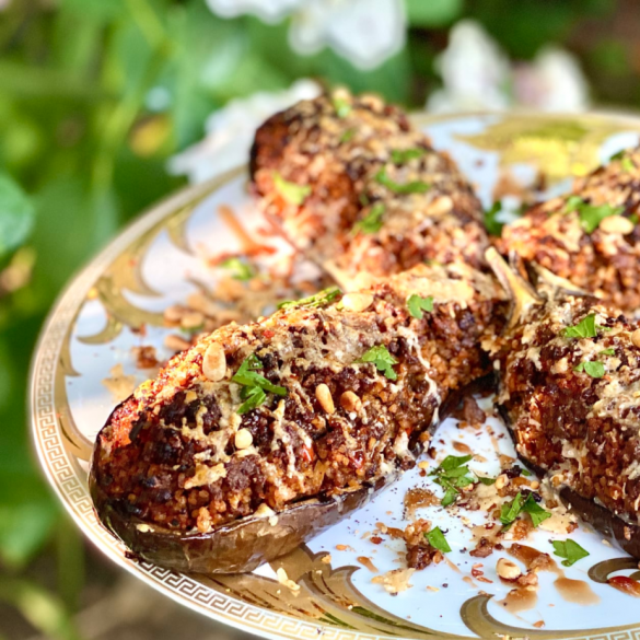 Crisp Spiced Mince Lamb & Bulgar Stuffed Aubergines