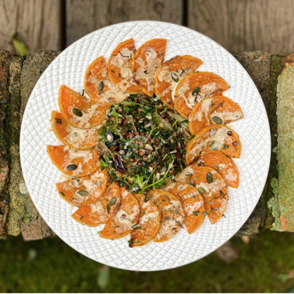 Butternut Squash & Brown Lentil Salad With a Smoked Garlic Cumin Spiced Tahini Drizzle