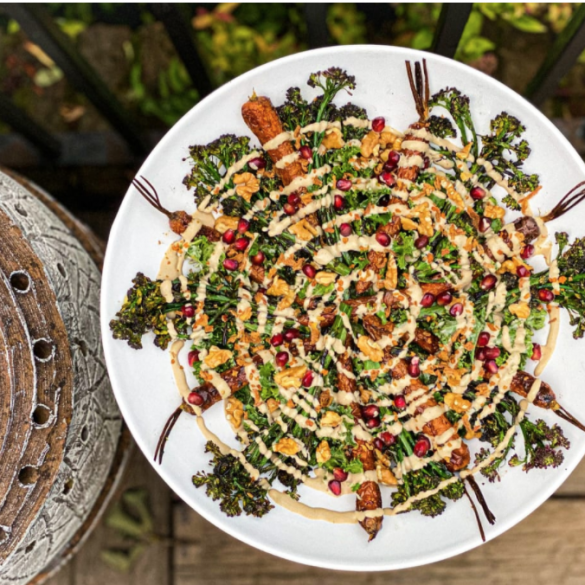 Roasted Carrot, Purple Sprouting Broccoli & Curly Kale Salad With a Tahini Cumin Spiced Smoked Garlic Dressing