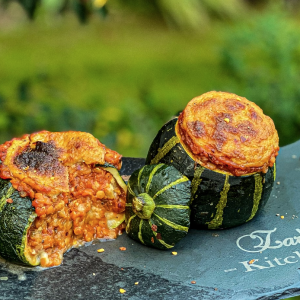 Courgette Lentil Moussaka - French Round Courgettes Stuffed with a Lentil Bolognese Sliced Potatoes and Béchamel