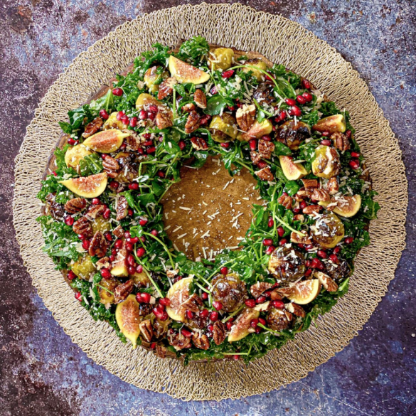 Christmas Wreath Salad With Roasted Sprouts, Pomegranate, Figs & Maple Pecans