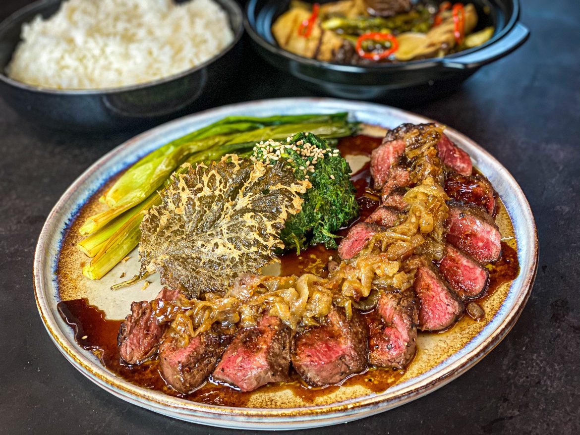 IMG_8406_jpg 2 Pan Seared Fillet of Beef, Miso Butter Onions, Sesame Spinach, Skillet Scallions, Tempura Shiso Leaf & Sweet Soy Reduction
