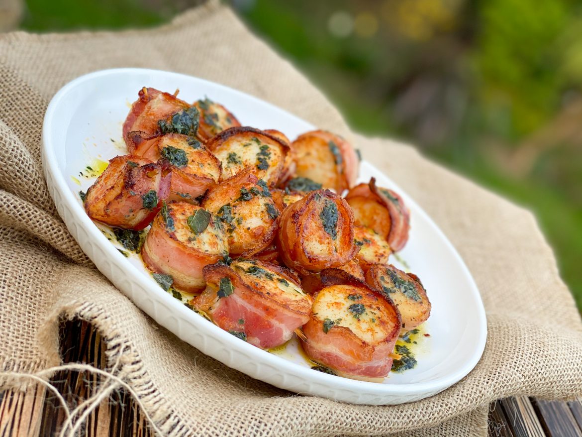 Spicy Caramelised Bacon Wrapped Scallops with a Curry Leaf Butter Drizzle