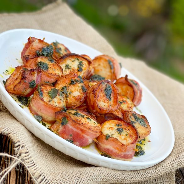 Spicy Caramelised Bacon Wrapped Scallops with a Curry Leaf Butter Drizzle