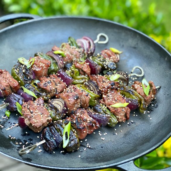 Charred Korean Beef Skewers With Padron Peppers And Red Onions