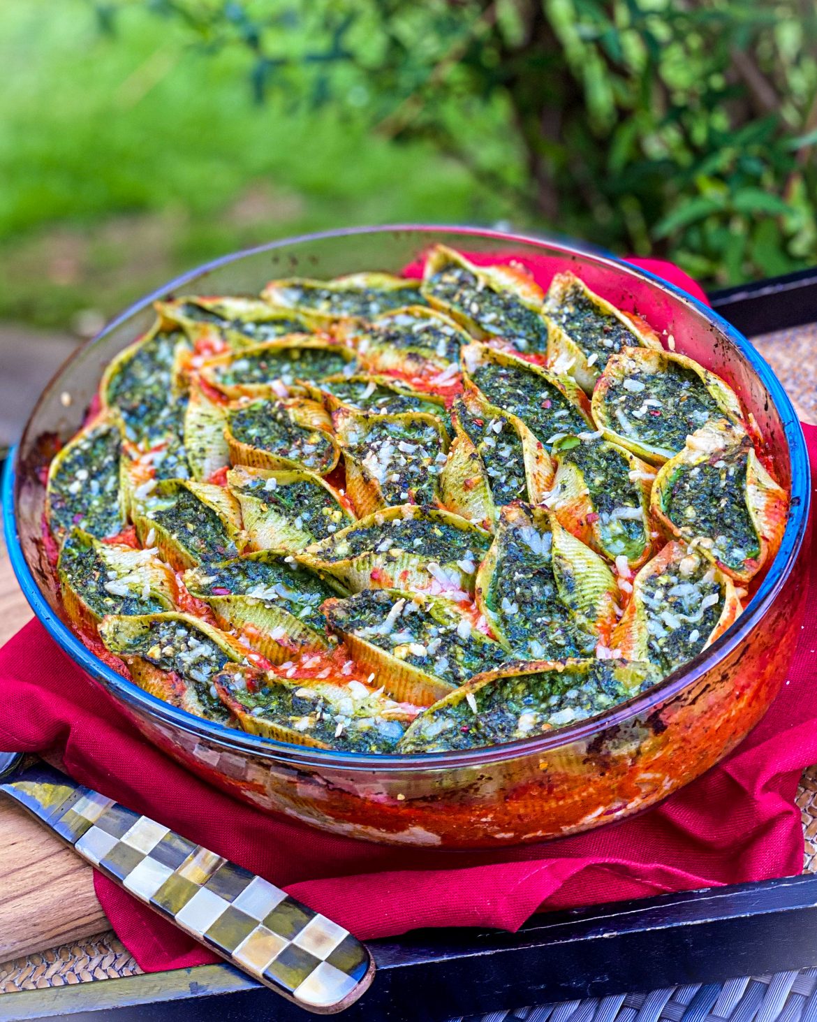 Veggie Filled Pasta Shells With A Roasted Red Pepper Harissa Sauce