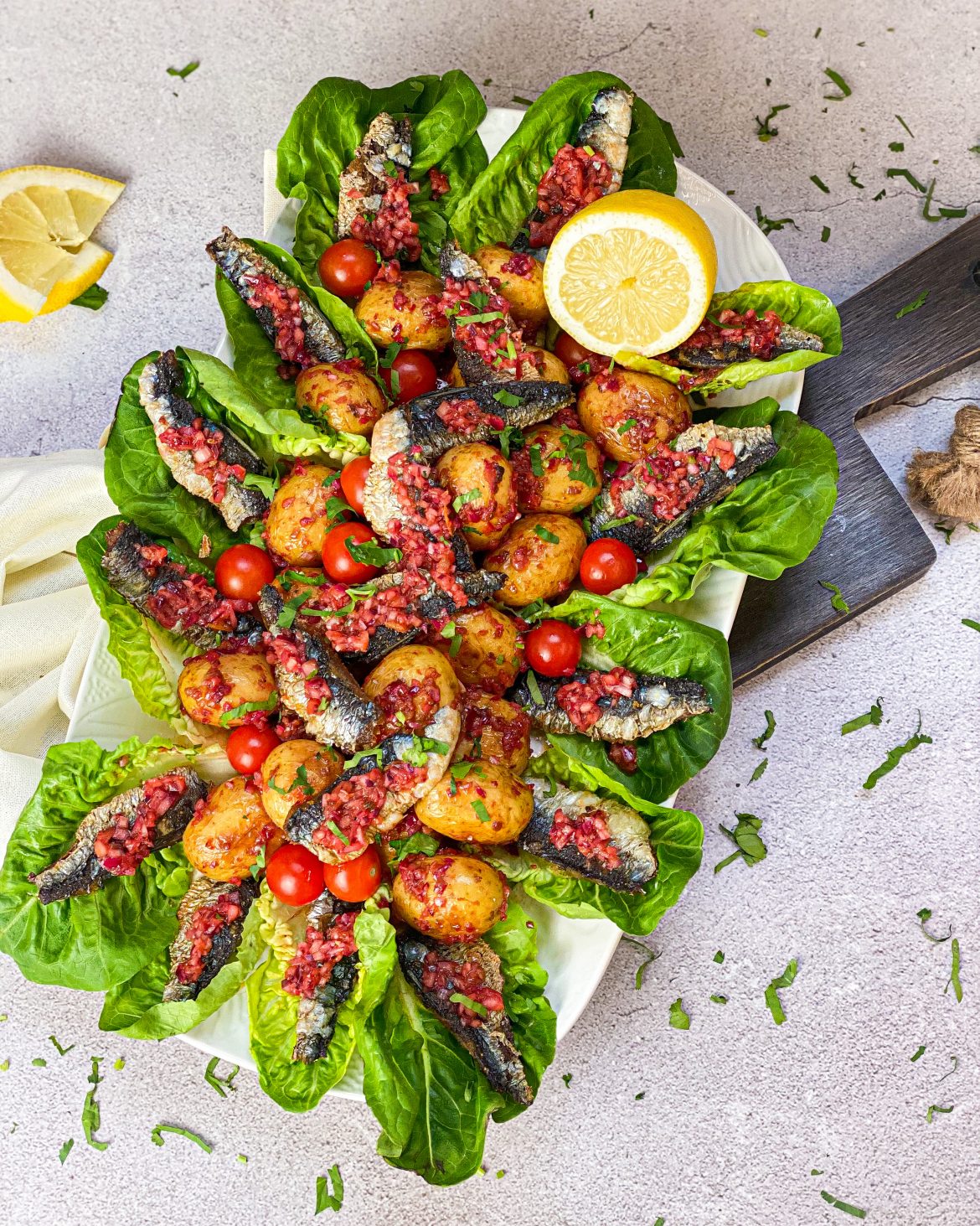 Crispy Sardines & Warm Baby Potatoes In Lettuce Leaves With A Tangy Shallot Dressing
