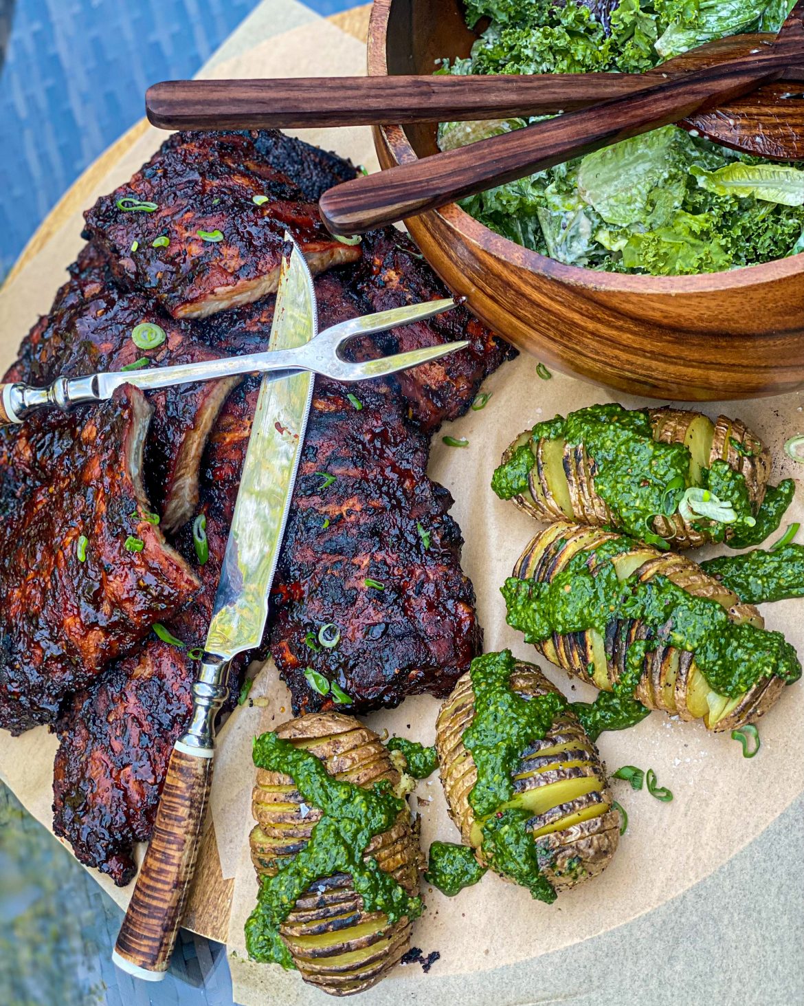 Smoked BBQ Ribs & Hassle-Back Potatoes With Rosemary Spinach Pesto