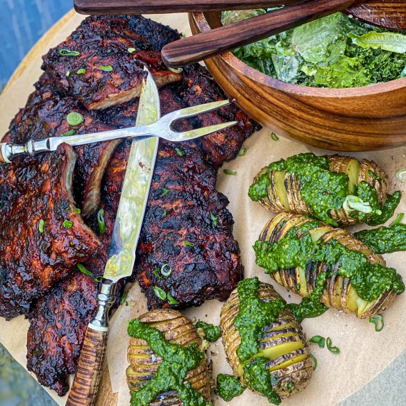 Smoked BBQ Ribs & Hassle-Back Potatoes With Rosemary Spinach Pesto