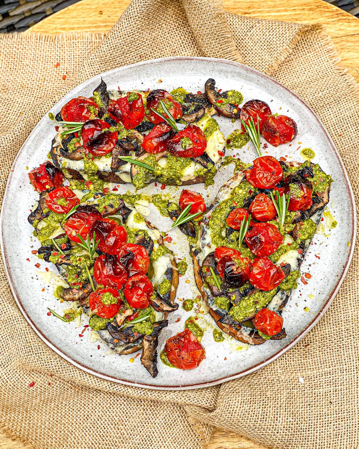 Crusty Sourdough With Melted Gruyere, Grilled Portobellini Mushrooms, Rosemary Pesto & Roasted Cherry Tomatoes
