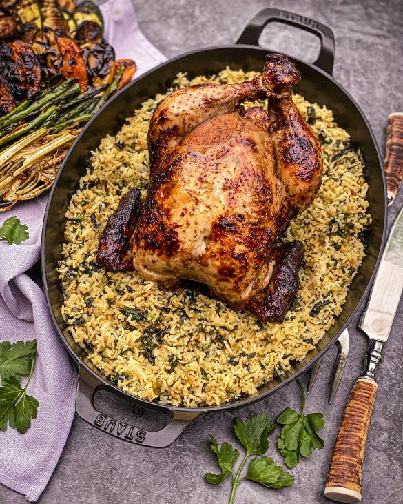 IndoChinese Spicy Masala Roast Chicken Served With Garlicky Green Rice
