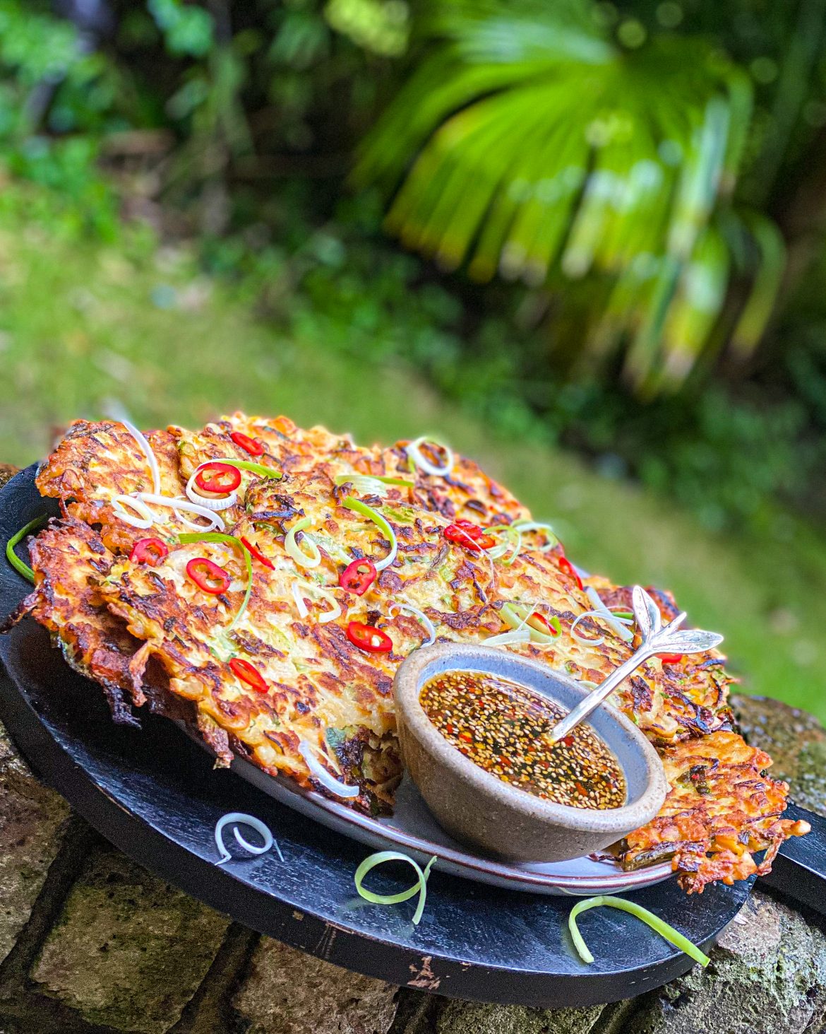 Korean Veg & Potato Pancakes With A Spicy Garlic Soy Dipping Sauce