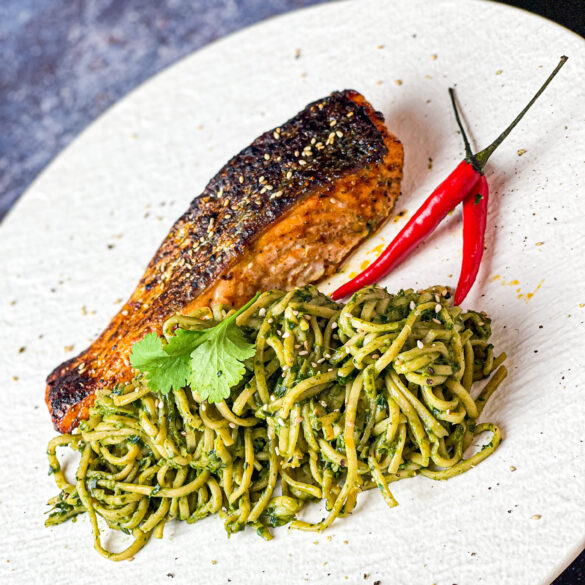 Green Goodness Miso Noodles With Baked Crispy Salt & Pepper Salmon