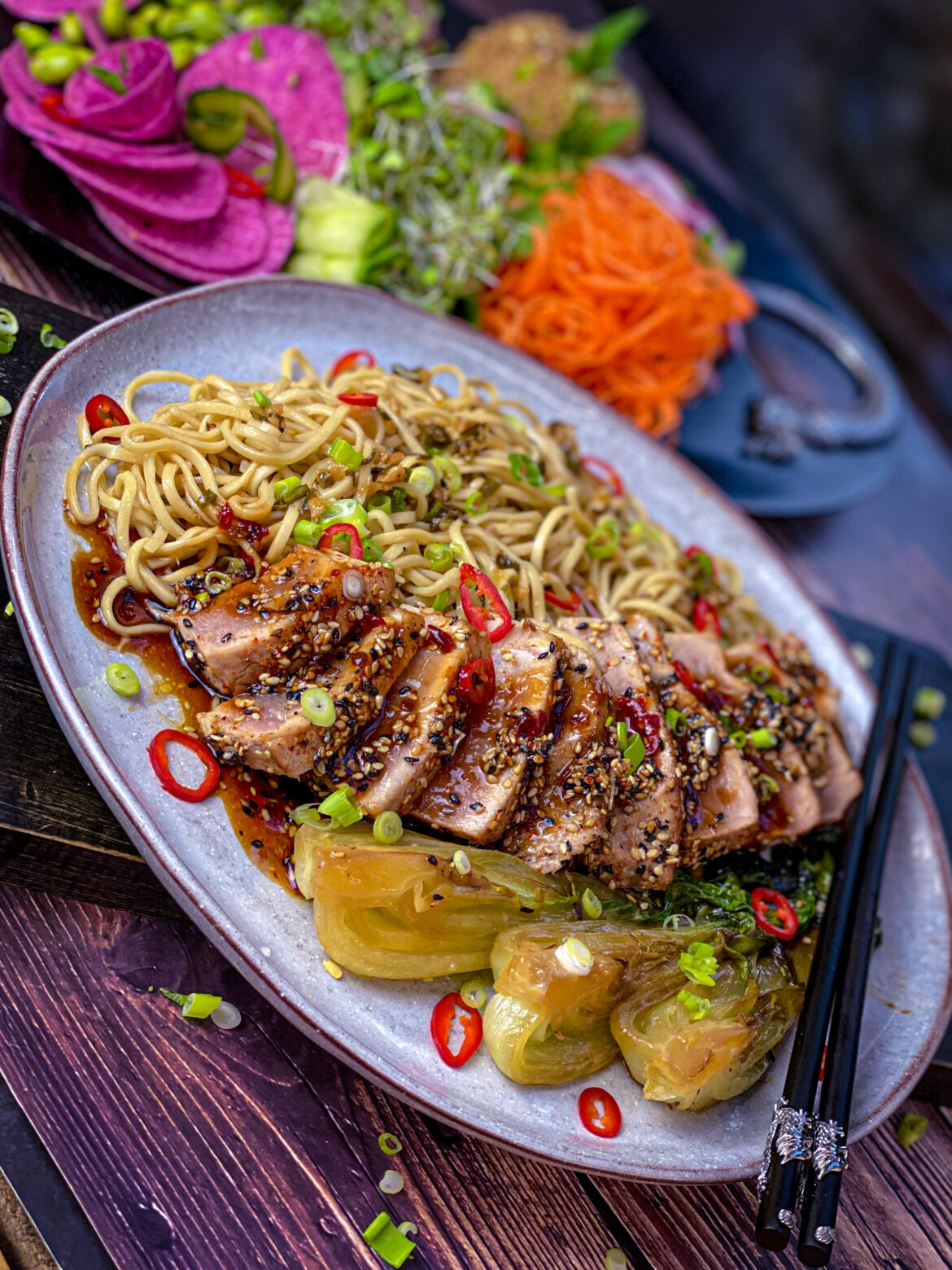 Seared Sesame Tuna With A Sweet Chilli Dressing, Pak Choi & Sesame Ginger Noodles