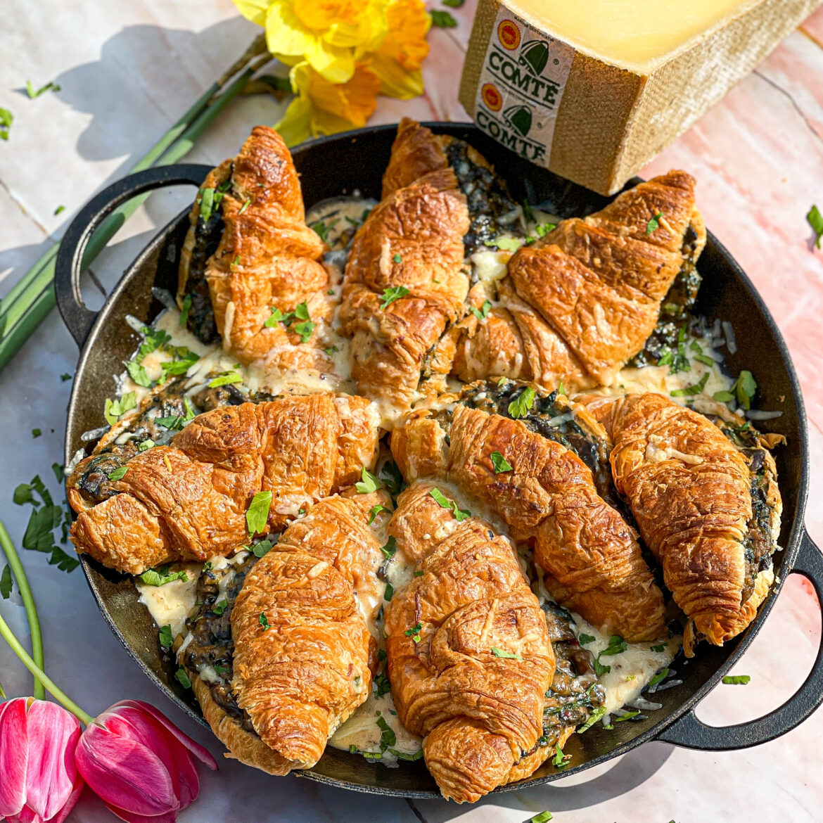 Sharing Comte Cheese, Mushroom, Spinach & Leek Croissant Bake