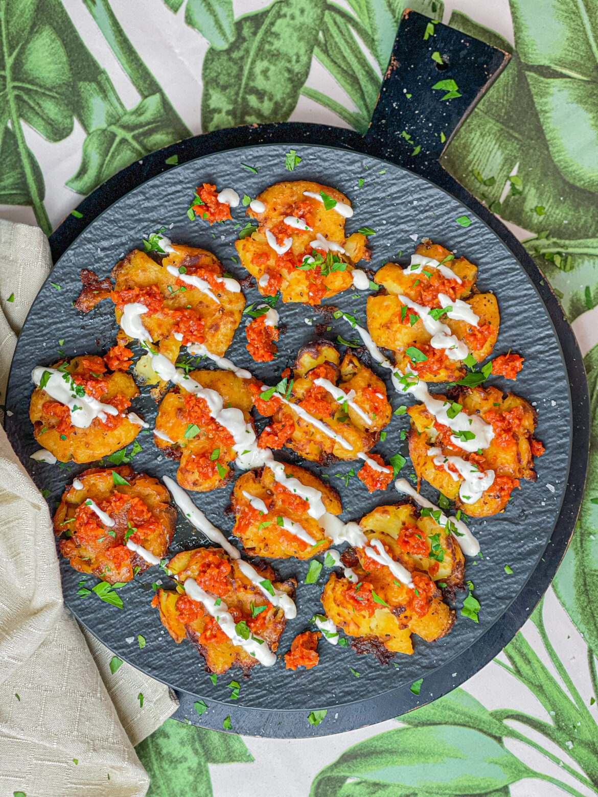 Crispy Smashed Potatoes With A Spicy Smokey Tomato Sauce & Garlic Yogurt